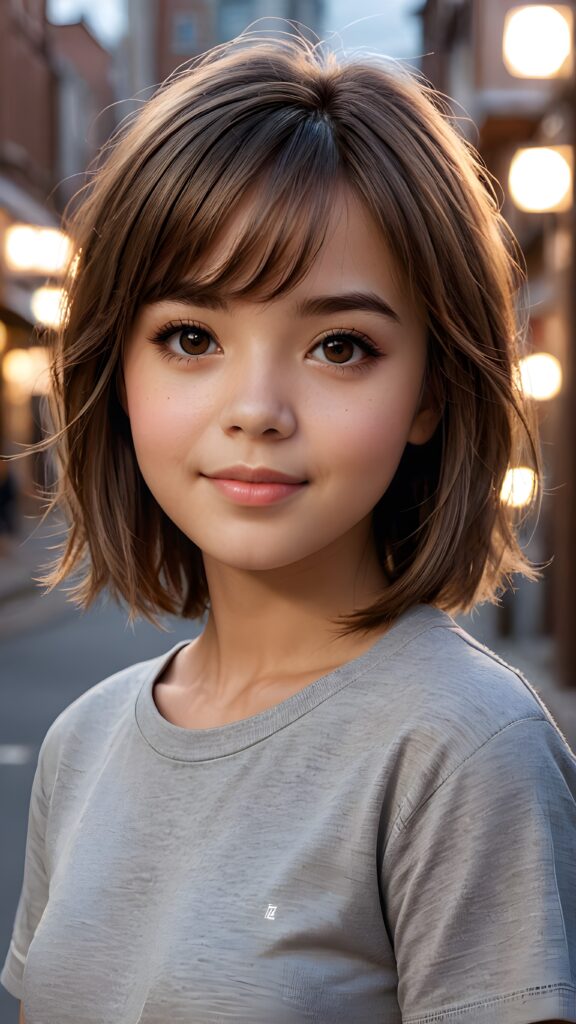 ((upper body)) of ((cute)) ((attractive)) ((gorgeous)) ((stunning)) a beautifully realistic, cinematic lights, teen girl, 13 years old, bangs haircut, detailed straight (brown) hair, realistic detailed round face, ((realistic detailed brown eye)) looks at the camera, warm smile, perfect curved, wears a super short tight (grey t-shirt), perfect anatomy, side perspective