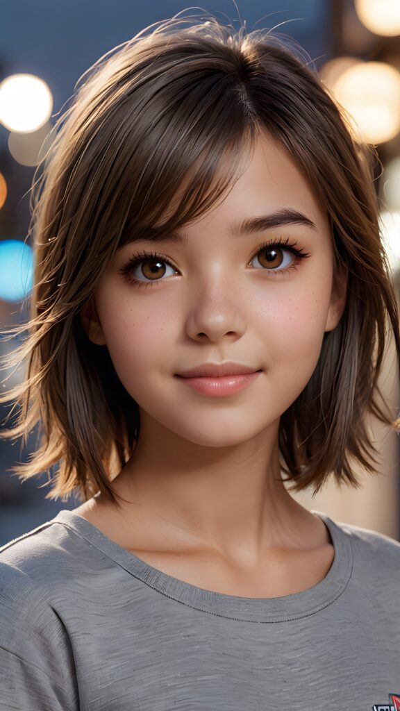 ((upper body)) of ((cute)) ((attractive)) ((gorgeous)) ((stunning)) a beautifully realistic, cinematic lights, teen girl, 13 years old, bangs haircut, detailed straight (brown) hair, realistic detailed round face, ((realistic detailed brown eye)) looks at the camera, warm smile, perfect curved, wears a super short tight (grey t-shirt), perfect anatomy, side perspective