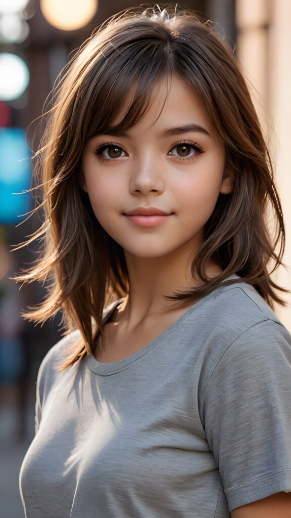 ((upper body)) of ((cute)) ((attractive)) ((gorgeous)) ((stunning)) a beautifully realistic, cinematic lights, teen girl, 13 years old, bangs haircut, detailed straight (brown) hair, realistic detailed round face, ((realistic detailed brown eye)) looks at the camera, warm smile, perfect curved, wears a super short tight (grey t-shirt), perfect anatomy, side perspective