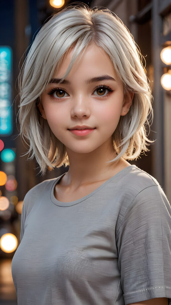 ((upper body)) of ((cute)) ((attractive)) ((gorgeous)) ((stunning)) a beautifully realistic, cinematic lights, teen girl, 13 years old, bangs haircut, detailed straight (platinum white) hair, realistic detailed round face, ((realistic detailed brown eye)) looks at the camera, warm smile, perfect curved, wears a super short tight (grey shirt), perfect anatomy, side perspective