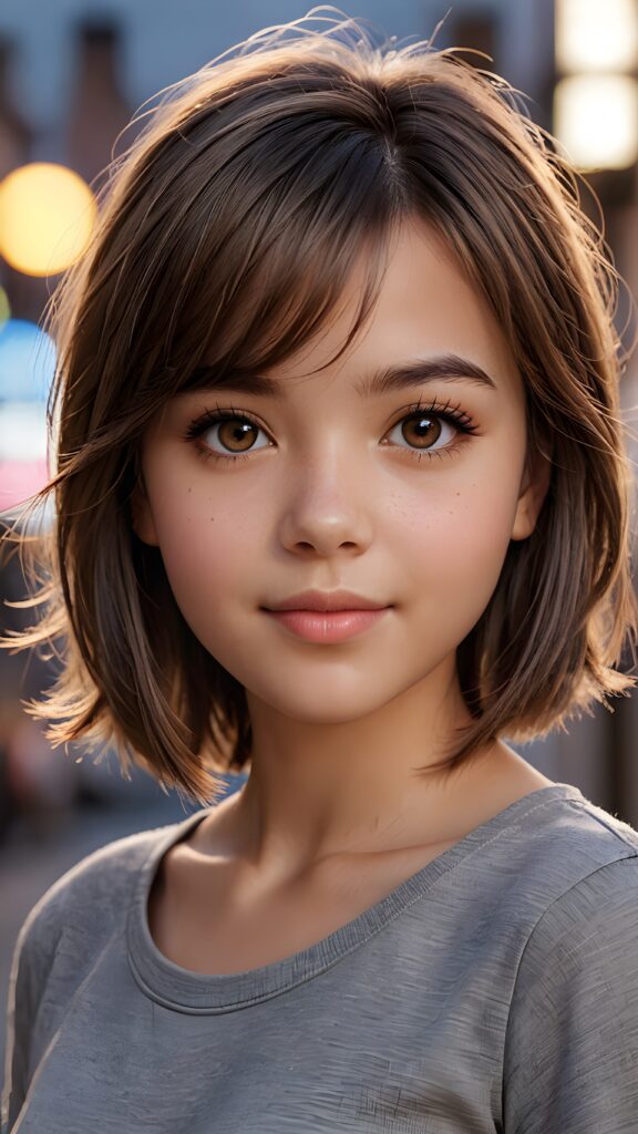 ((upper body)) of ((cute)) ((attractive)) ((gorgeous)) ((stunning)) a beautifully realistic, cinematic lights, teen girl, 13 years old, bangs haircut, detailed straight (brown) hair, realistic detailed round face, ((realistic detailed brown eye)) looks at the camera, warm smile, perfect curved, wears a super short tight (grey t-shirt), perfect anatomy, side perspective