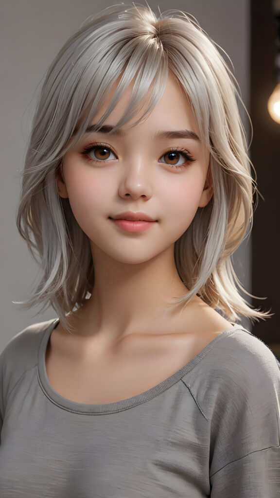 ((upper body)) of ((cute)) ((attractive)) ((gorgeous)) ((stunning)) a beautifully realistic, cinematic lights, teen girl, 13 years old, bangs haircut, detailed straight (platinum white) hair, realistic detailed round face, ((realistic detailed brown eye)) looks at the camera, warm smile, perfect curved, wears a super short tight (grey shirt), perfect anatomy, side perspective