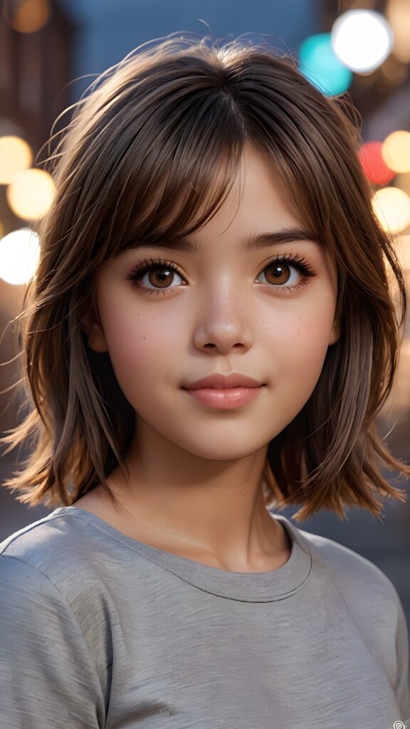 ((upper body)) of ((cute)) ((attractive)) ((gorgeous)) ((stunning)) a beautifully realistic, cinematic lights, teen girl, 13 years old, bangs haircut, detailed straight (brown) hair, realistic detailed round face, ((realistic detailed brown eye)) looks at the camera, warm smile, perfect curved, wears a super short tight (grey t-shirt), perfect anatomy, side perspective