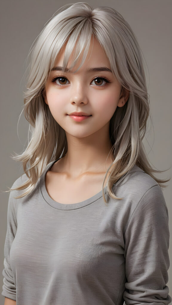 ((upper body)) of ((cute)) ((attractive)) ((gorgeous)) ((stunning)) a beautifully realistic, cinematic lights, teen girl, 13 years old, bangs haircut, detailed straight (platinum white) hair, realistic detailed round face, ((realistic detailed brown eye)) looks at the camera, warm smile, perfect curved, wears a super short tight (grey shirt), perfect anatomy, side perspective