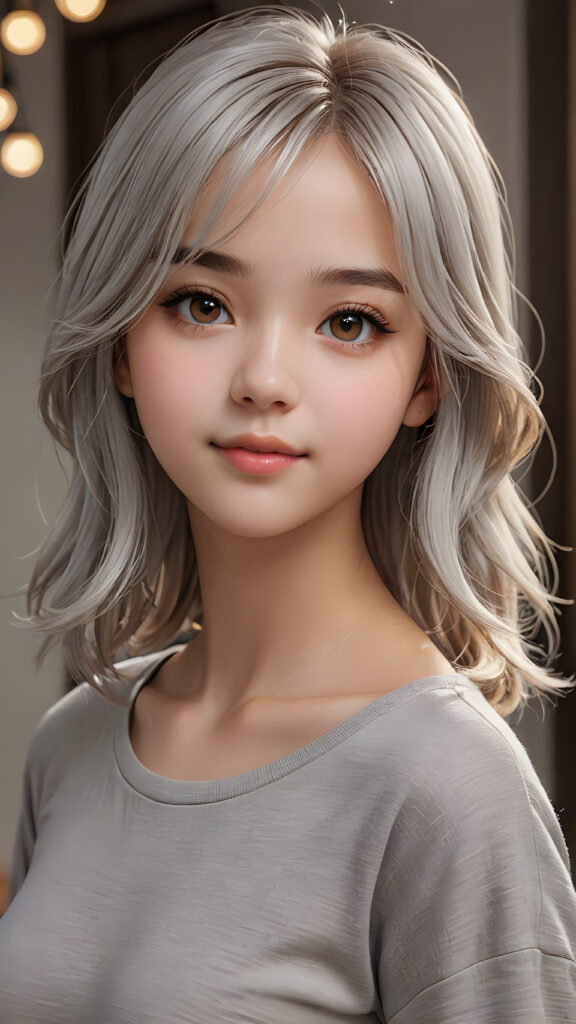 ((upper body)) of ((cute)) ((attractive)) ((gorgeous)) ((stunning)) a beautifully realistic, cinematic lights, teen girl, 13 years old, bangs haircut, detailed straight (platinum white) hair, realistic detailed round face, ((realistic detailed brown eye)) looks at the camera, warm smile, perfect curved, wears a super short tight (grey shirt), perfect anatomy, side perspective