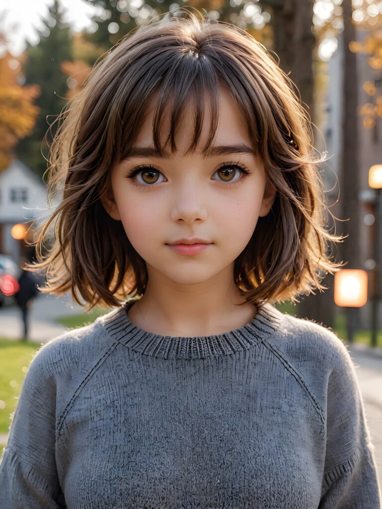 very cute 13 years old girl, bangs cut, chibi looks, realistic detailed hair, realistic amber eyes, looks at the camera, detailed face, portrait shot, wears a short grey wool sweater