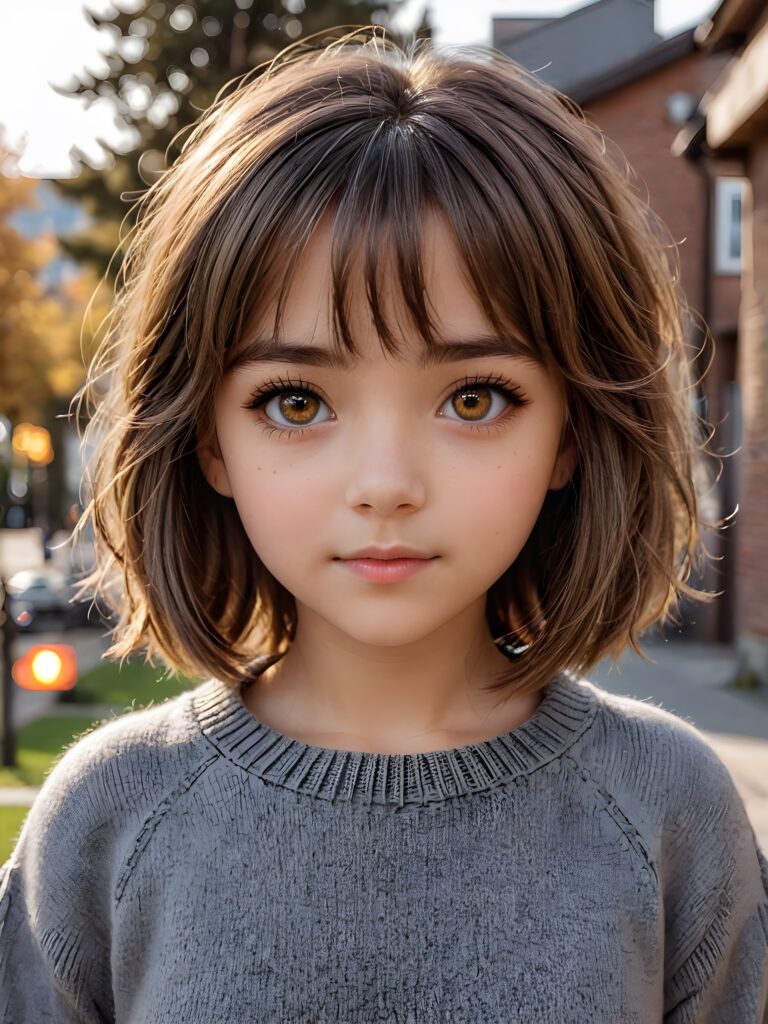 very cute 13 years old girl, bangs cut, chibi looks, realistic detailed hair, realistic amber eyes, looks at the camera, detailed face, portrait shot, wears a short grey wool sweater