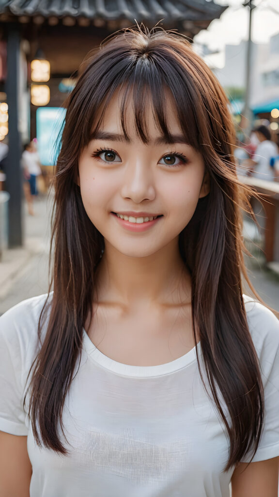 very cute 18 years old Asia girl, long hair, Korean styled bangs, perfect detailed hair, detailed eyes, looks at the camera and smile, wear short tight white t-shirt