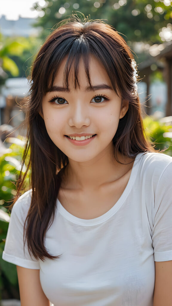 very cute 18 years old Asia girl, long hair, Korean styled bangs, perfect detailed hair, detailed eyes, looks at the camera and smile, wear short tight white t-shirt