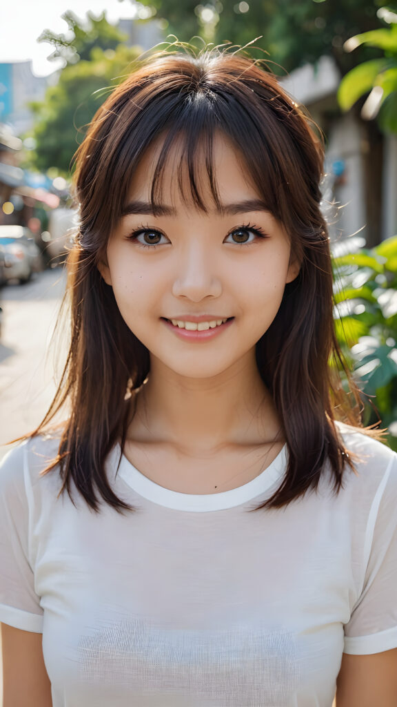 very cute 18 years old Asia girl, long hair, Korean styled bangs, perfect detailed hair, detailed eyes, looks at the camera and smile, wear short tight white t-shirt