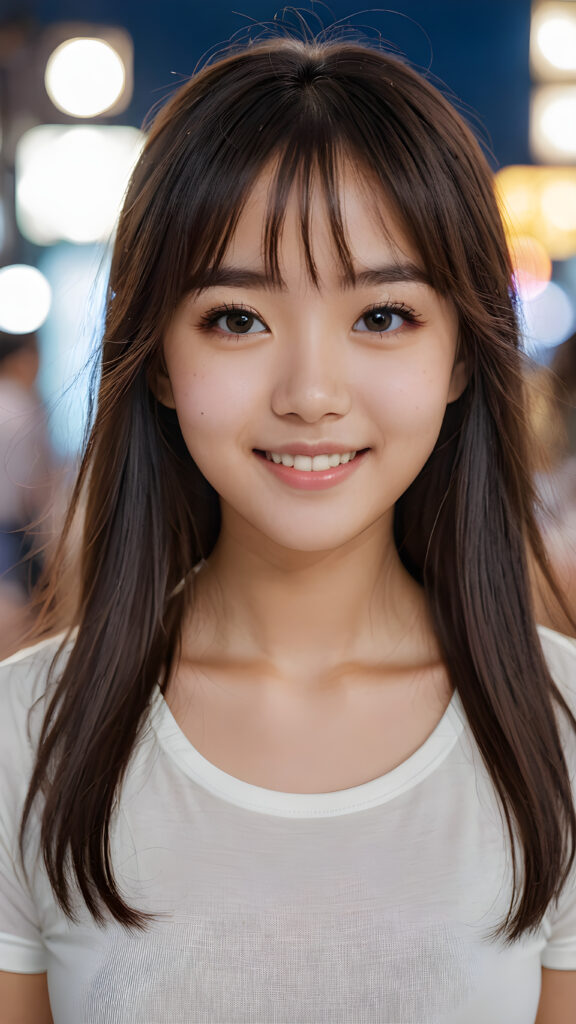 very cute 18 years old Asia girl, long hair, Korean styled bangs, perfect detailed hair, detailed eyes, looks at the camera and smile, wear short tight white t-shirt