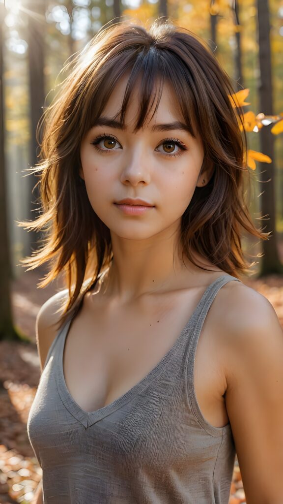 very cute girl, bangs cut, realistic detailed hair, realistic amber eyes, looks at the camera, detailed face, portrait shot 1:3, (she wears a short light brown plain tank top that support her perfect body, deep v-neck), ((in the background a colorful forest in autumn, the sun shines through the faint fog))