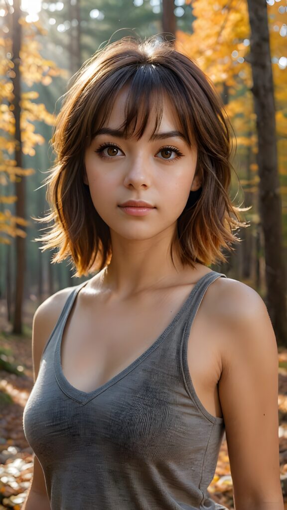 very cute girl, bangs cut, realistic detailed hair, realistic amber eyes, looks at the camera, detailed face, portrait shot 1:3, (she wears a short light brown plain tank top that support her perfect body, deep v-neck), ((in the background a colorful forest in autumn, the sun shines through the faint fog))