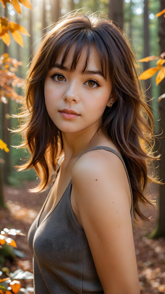 very cute girl, bangs cut, realistic detailed hair, realistic amber eyes, looks at the camera, detailed face, portrait shot 1:3, (she wears a short light brown plain tank top that support her perfect body, deep v-neck), ((in the background a colorful forest in autumn, the sun shines through the faint fog))