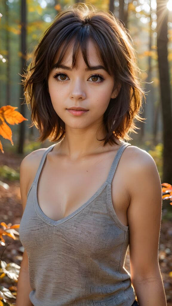 very cute girl, bangs cut, realistic detailed hair, realistic amber eyes, looks at the camera, detailed face, portrait shot 1:3, (she wears a short light brown plain tank top that support her perfect body, deep v-neck), ((in the background a colorful forest in autumn, the sun shines through the faint fog))