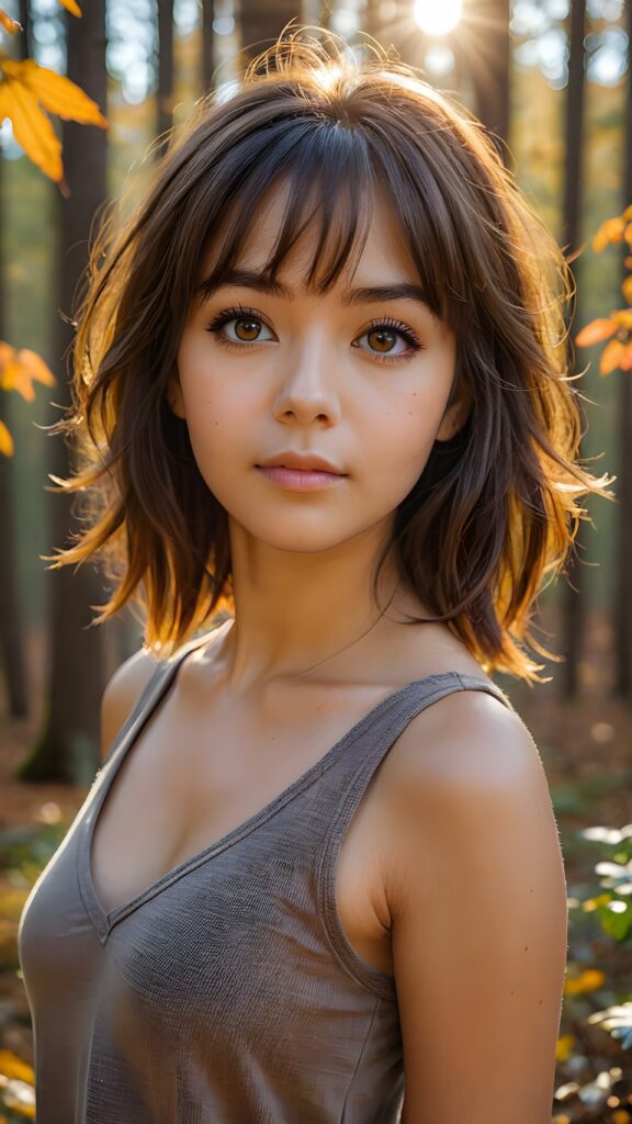 very cute girl, bangs cut, realistic detailed hair, realistic amber eyes, looks at the camera, detailed face, portrait shot 1:3, (she wears a short light brown plain tank top that support her perfect body, deep v-neck), ((in the background a colorful forest in autumn, the sun shines through the faint fog))