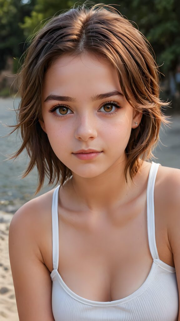 very cute teen girl, realistic detailed hair, realistic amber eyes, looks at the camera, detailed face, portrait shot, wears a white short cropped tank top