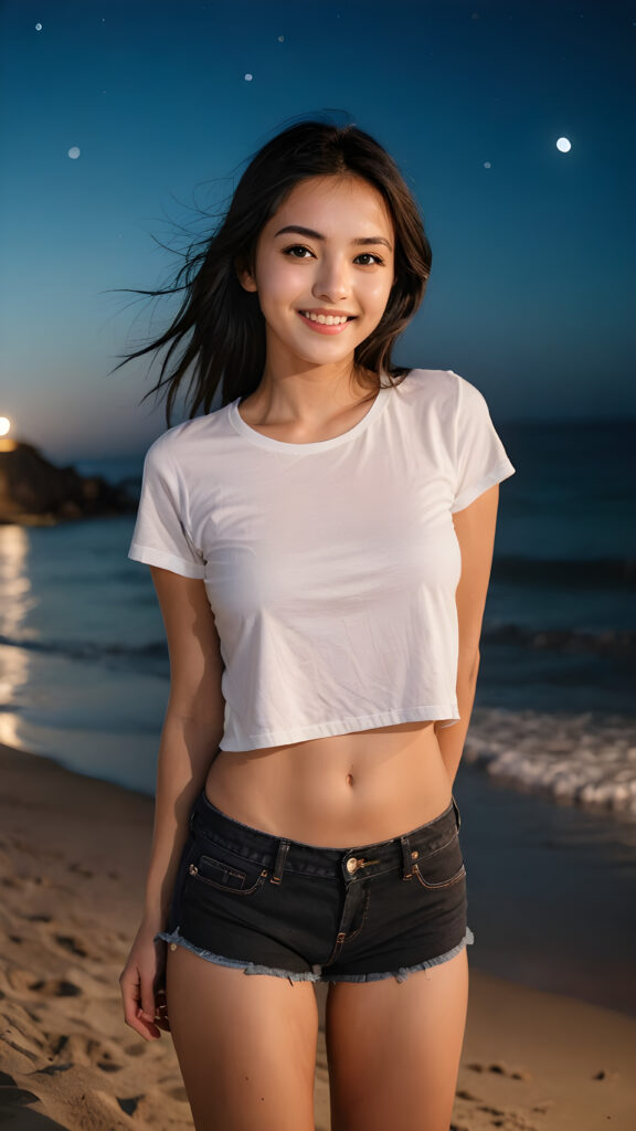 very detailed an realistic photo from a cute girl in a plain white short t-shirt and shorts, she is very happy, you can see her navel, long straight black hair, detailed face, ((against a beach backdrop by night))