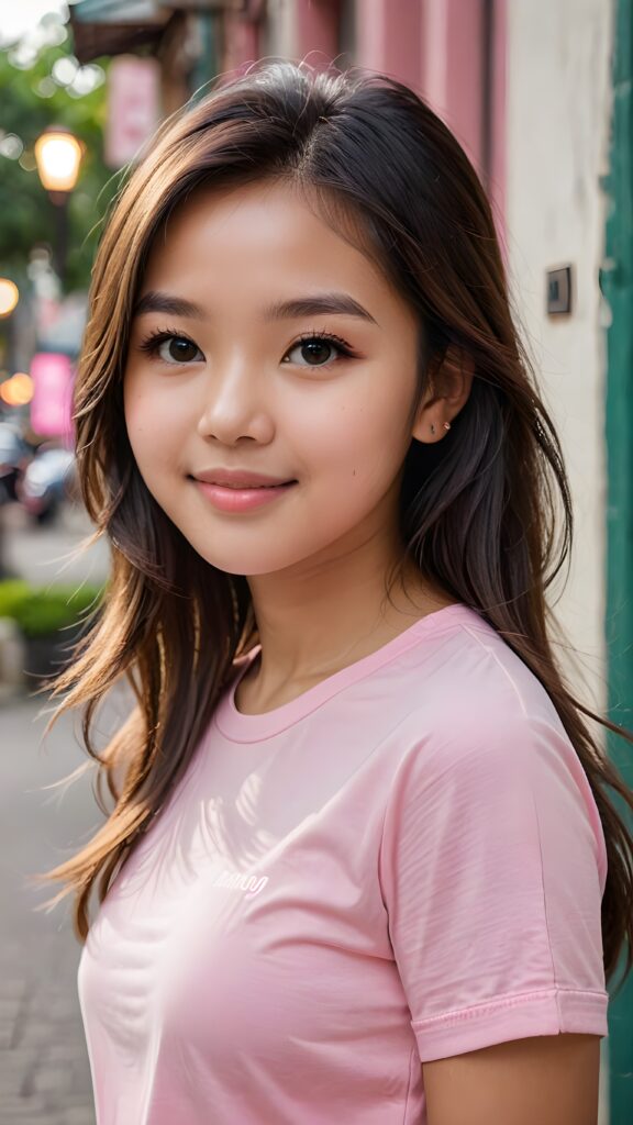 a stunning portrait (((ultra realistic professional photograph))) ((cute)) ((gorgeous)) excellently capturing an amiable, young Vietnamese teen girl, straight jet long hair, round face, full lips, smile, side view, ((pink no printed t-shirt))