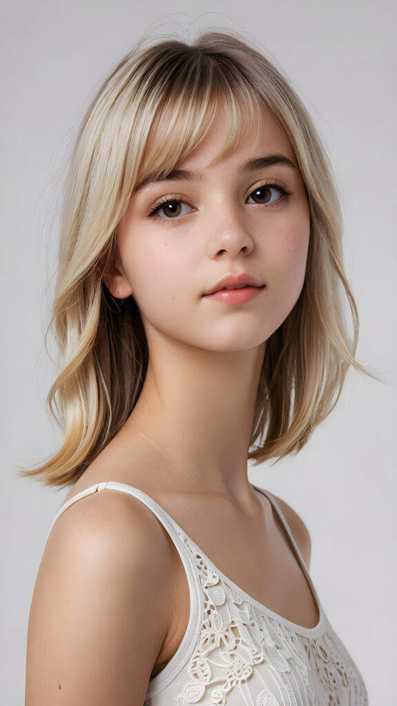 visualize a (((vividly detailed and realistic teen girl, 15 years old))) with straight, soft platinum blond hair, a classic bob cut featuring intricate details and delicate bangs that cascade down the side of her face, a thin dress, perfect body, full lips, wearing a short tank top that accentuates her figure, a sense of seduction captured through her posture and the (((white background)))) ((upper body))