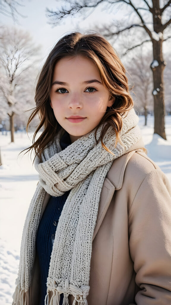 visualize a (((young teen girl))) dressed in a (wears a thick winter coat and a scarf), standing confidently against a (magnificent white backdrop) that suggests tranquility and serenity