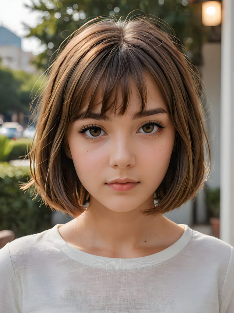 visualize a (((beautiful drawning))), capturing a (teen girl with long, straight soft brown hair, styled in a (short bob cut), her face framed by a short, bang-like fringe), and short, detailed facial features, facing forward with a serene expression, wearing a white short, crop t-shirt against a (detailed, realistic backdrop)