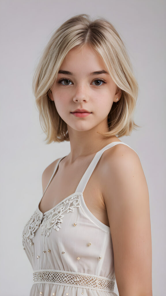 visualize a (((vividly detailed and realistic teen girl, 15 years old))) with straight, soft platinum blond hair, a classic bob cut featuring intricate details and delicate bangs that cascade down the side of her face, a thin dress, perfect body, full lips, wearing a short tank top that accentuates her figure, a sense of seduction captured through her posture and the (((white background)))) ((upper body))