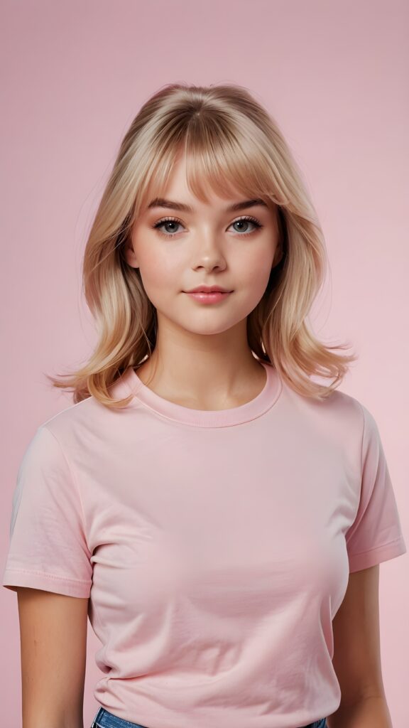 visualize a (((realistic teen girl))) with striking, straight blonde hair framing a face that mirrors Barbie's features, her bangs styled in a perfect side part, exuding confidence with a curvy silhouette and posed confidently against a (((soft, pale pink backdrop))), dressed in a (((modern, minimalist style)))