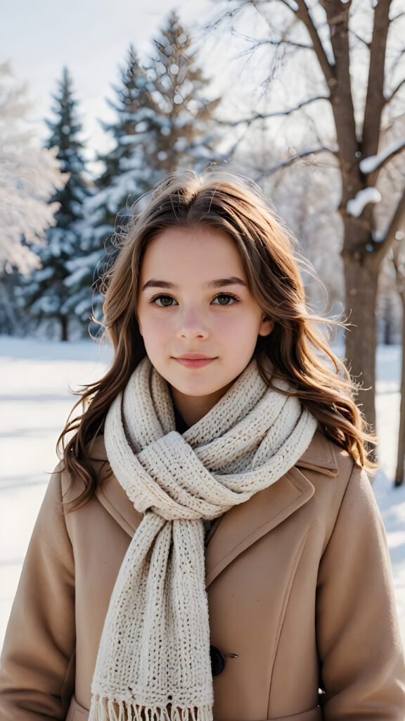 visualize a (((young teen girl))) dressed in a (wears a thick winter coat and a scarf), standing confidently against a (magnificent white backdrop) that suggests tranquility and serenity