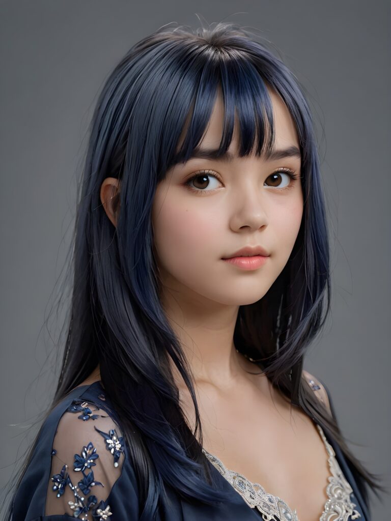 visualize a (((vividly drawn teen girl))) with ((straight soft midnight blue hair)), featuring intricate details and delicate bangs that cascade down the side of her face, thin dressed, ((grey background))