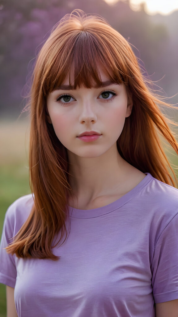 visualize a (((really detailed young teenage girl with long, soft straight red hair framing her face in classic bangs, her lips looking seductively, ((dressed in a plain violet t-shirt)) that accentuates every curve of her stunningly beautiful form, against a backdrop that suggests an ethereal mist