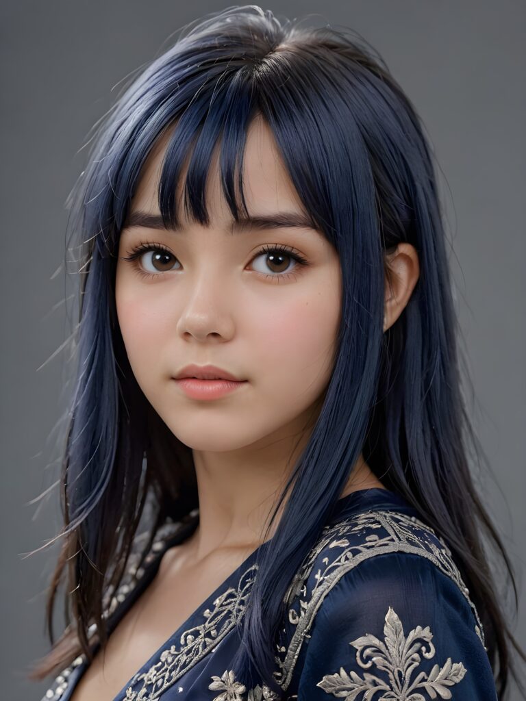 visualize a (((vividly drawn teen girl))) with ((straight soft midnight blue hair)), featuring intricate details and delicate bangs that cascade down the side of her face, thin dressed, ((grey background))