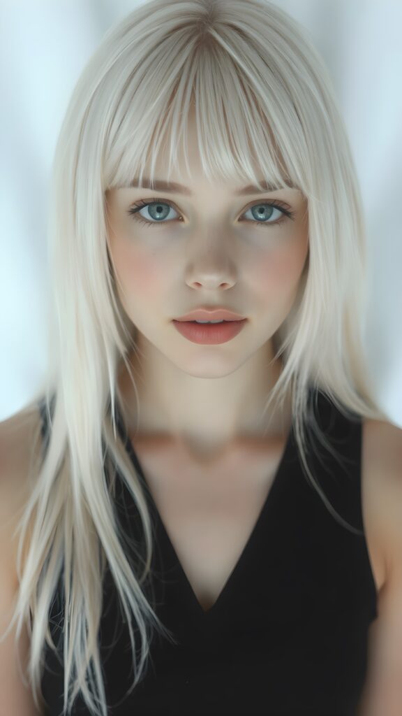 visualize a 1:3 portrait (((realistically detailed young teenage girl, 17 years old, with long, soft straight white hair, bangs cut, framing her face, ((black tank top, deep v-neck)), full kissable lips, posed against a (translucent, ethereal white backdrop)