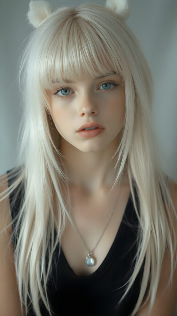 visualize a 1:3 portrait (((realistically detailed young teenage girl, 17 years old, with long, soft straight white hair, bangs cut, framing her face, ((black tank top, deep v-neck)), full kissable lips, posed against a (translucent, ethereal white backdrop)