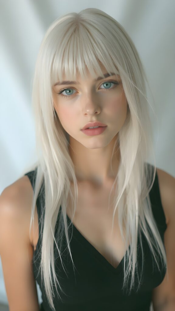 visualize a 1:3 portrait (((realistically detailed young teenage girl, 17 years old, with long, soft straight white hair, bangs cut, framing her face, ((black tank top, deep v-neck)), full kissable lips, posed against a (translucent, ethereal white backdrop)