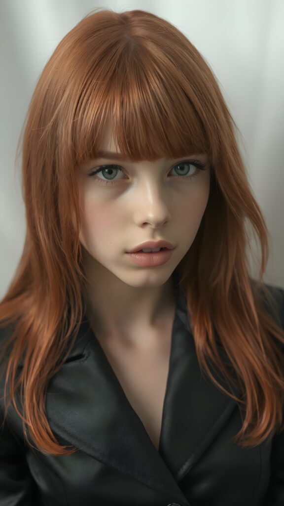 visualize a 1:3 portrait (((realistically detailed young teenage girl with long, soft straight red hair, bangs cut, framing her face with flowing, dark thin leather suit that expertly accentuates her stunningly gorgeous figure)), full kissable lips, posed against a (translucent, ethereal white backdrop)