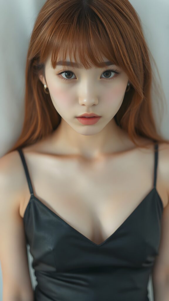 visualize a 1:3 portrait (((realistically detailed young well busty Asian teenage girl with long, soft straight red hair, bangs cut, framing her face, ((wearing a dark thin leather spaghetti tank top that expertly accentuates her stunningly gorgeous figure, deep v-neck)), full kissable lips, posed against a (translucent, ethereal white backdrop), Korean