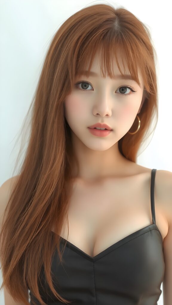 visualize a 1:3 portrait (((realistically detailed young well busty Asian teenage girl with long, soft straight red hair, bangs cut, framing her face, ((wearing a dark thin leather spaghetti tank top that expertly accentuates her stunningly gorgeous figure, deep v-neck)), full kissable lips, posed against a (translucent, ethereal white backdrop), Korean