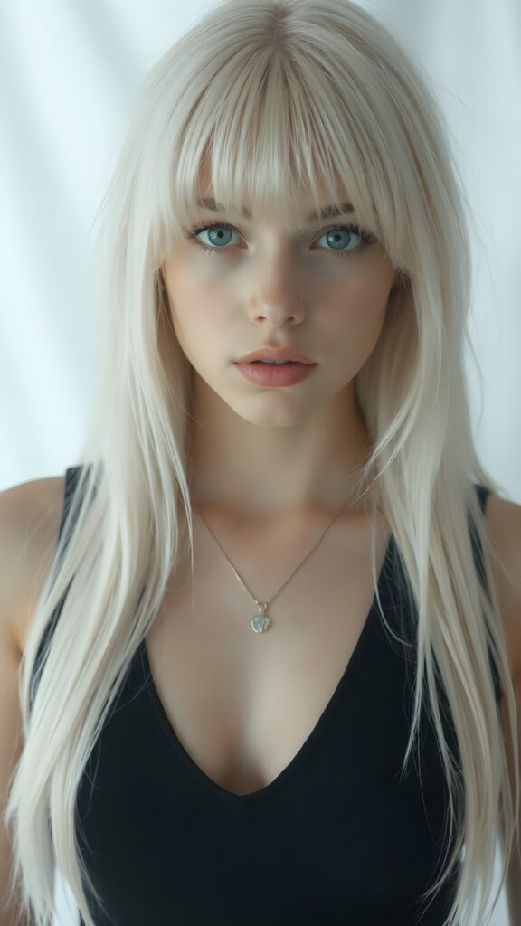 visualize a 1:3 portrait (((realistically detailed young teenage girl, 17 years old, with long, soft straight white hair, bangs cut, framing her face, ((black tank top, deep v-neck)), full kissable lips, posed against a (translucent, ethereal white backdrop)