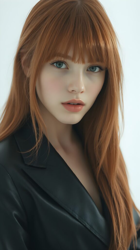 visualize a 1:3 portrait (((realistically detailed young teenage girl with long, soft straight red hair, bangs cut, framing her face with flowing, dark thin leather suit that expertly accentuates her stunningly gorgeous figure)), full kissable lips, posed against a (translucent, ethereal white backdrop)