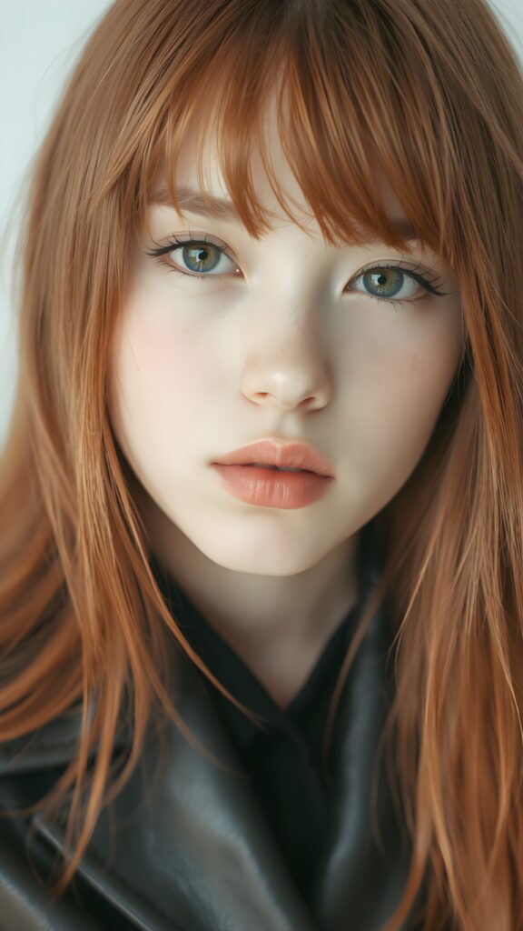 visualize a 1:3 portrait (((realistically detailed young teenage girl with long, soft straight red hair, bangs cut, framing her face with flowing, dark thin leather suit that expertly accentuates her stunningly gorgeous figure)), full kissable lips, posed against a (translucent, ethereal white backdrop)