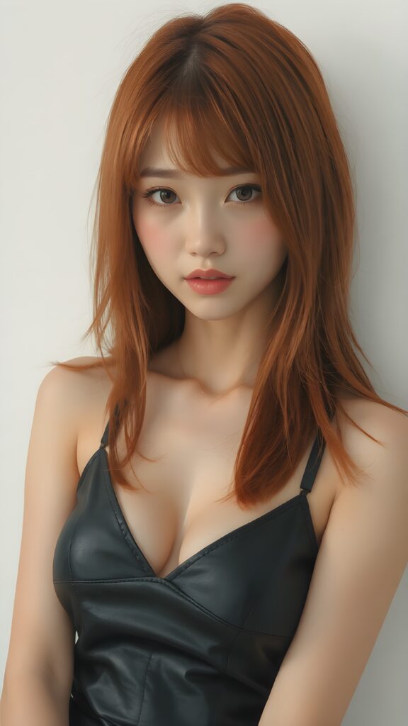 visualize a 1:3 portrait (((realistically detailed young well busty Asian teenage girl with long, soft straight red hair, bangs cut, framing her face, ((wearing a dark thin leather spaghetti tank top that expertly accentuates her stunningly gorgeous figure, deep v-neck)), full kissable lips, posed against a (translucent, ethereal white backdrop), Korean