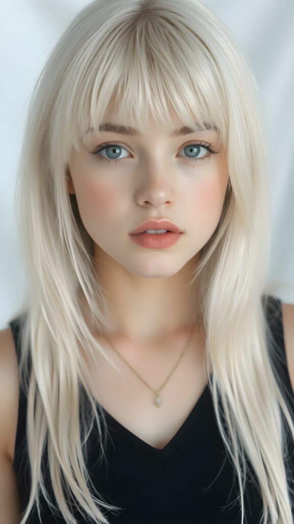 visualize a 1:3 portrait (((realistically detailed young teenage girl, 17 years old, with long, soft straight white hair, bangs cut, framing her face, ((black tank top, deep v-neck)), full kissable lips, posed against a (translucent, ethereal white backdrop)