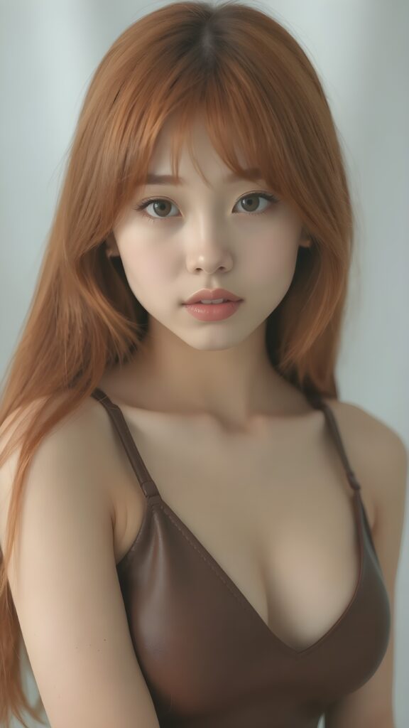 visualize a 1:3 portrait (((realistically detailed young well busty Asian teenage girl with long, soft straight red hair, bangs cut, framing her face, ((wearing a dark thin leather spaghetti tank top that expertly accentuates her stunningly gorgeous figure, deep v-neck)), full kissable lips, posed against a (translucent, ethereal white backdrop), Korean