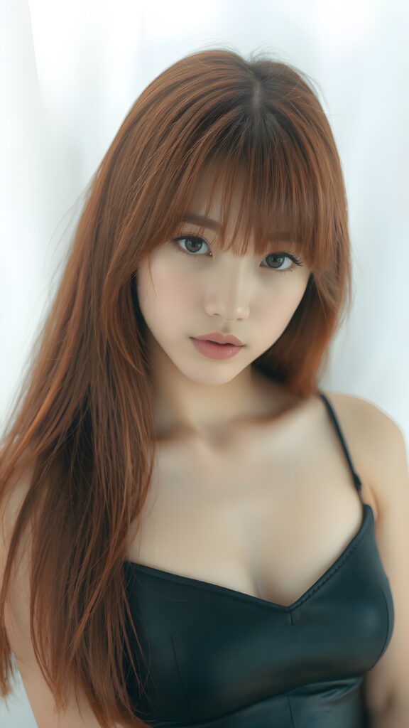 visualize a 1:3 portrait (((realistically detailed young well busty Asian teenage girl with long, soft straight red hair, bangs cut, framing her face, ((wearing a dark thin leather spaghetti tank top that expertly accentuates her stunningly gorgeous figure, deep v-neck)), full kissable lips, posed against a (translucent, ethereal white backdrop), Korean