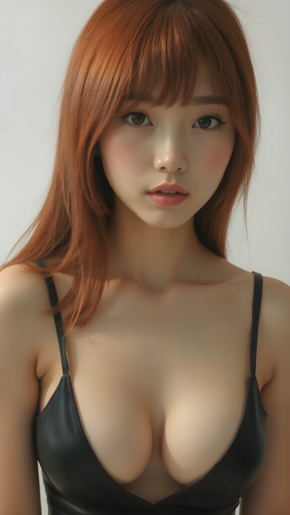 visualize a 1:3 portrait (((realistically detailed young well busty Asian teenage girl with long, soft straight red hair, bangs cut, framing her face, ((wearing a dark thin leather spaghetti tank top that expertly accentuates her stunningly gorgeous figure, deep v-neck)), full kissable lips, posed against a (translucent, ethereal white backdrop), Korean