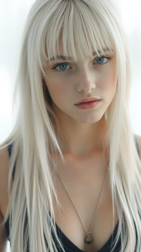 visualize a 1:3 portrait (((realistically detailed young teenage girl, 17 years old, with long, soft straight white hair, bangs cut, framing her face, ((black tank top, deep v-neck)), full kissable lips, posed against a (translucent, ethereal white backdrop)