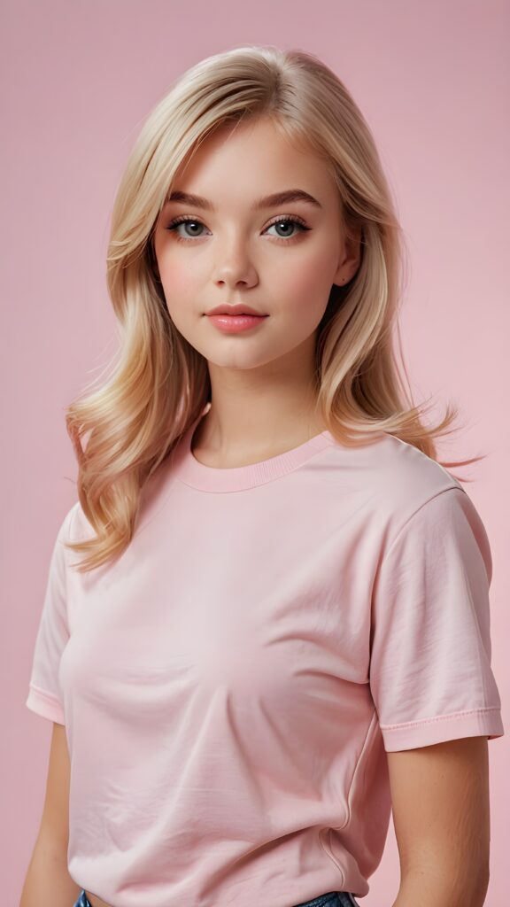 visualize a (((realistic teen girl))) with striking, straight blonde hair framing a face that mirrors Barbie's features, her bangs styled in a perfect side part, exuding confidence with a curvy silhouette and posed confidently against a (((soft, pale pink backdrop))), dressed in a (((modern, minimalist style)))