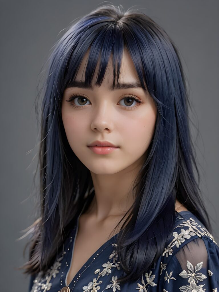 visualize a (((vividly drawn teen girl))) with ((straight soft midnight blue hair)), featuring intricate details and delicate bangs that cascade down the side of her face, thin dressed, ((grey background))