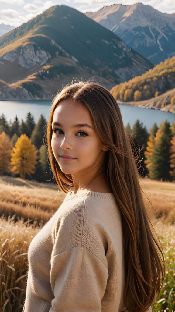 visualize a (((vividly beautiful scene))) where a (((cute tanned teen girl with super long straight jet brown hair))), wears a soft fine sweater made of wool, against a backdrop of a serene, (ethereal landscape)